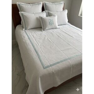 Look Linen Co Twin Banded Duvet Cover White Blue Trim Cotton Portugal Luxury